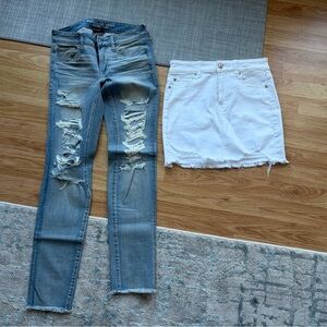 American eagle White Denim Skirt and Distressed Blue Jeans